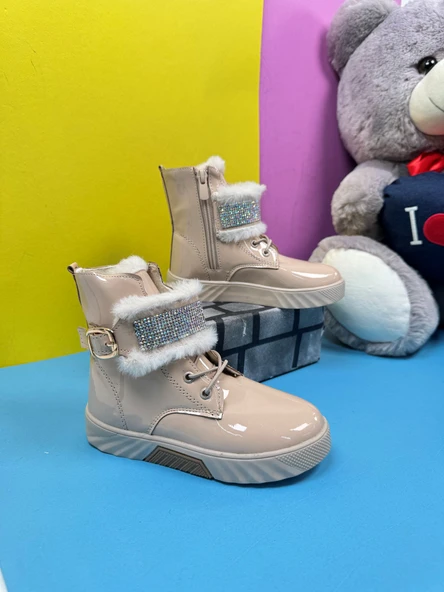 Günlük Kız Çocuk Rugan Bot Fermuarlı Lastik Bağcıklı Kürk ve Taş Detaylı Kaymaz Taban Bootie 391 - 8