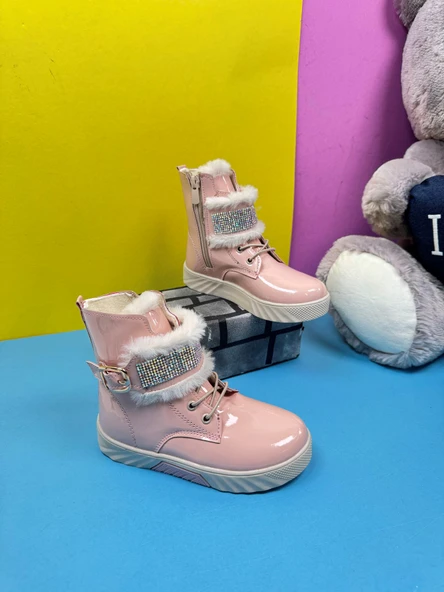 Günlük Kız Çocuk Rugan Bot Fermuarlı Lastik Bağcıklı Kürk ve Taş Detaylı Kaymaz Taban Bootie 391