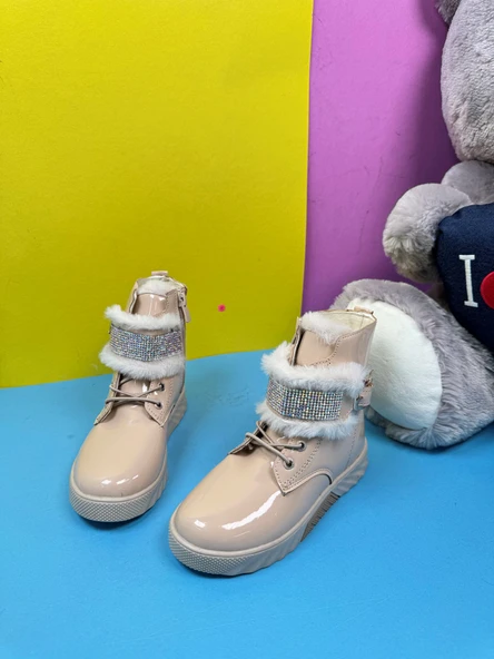 Günlük Kız Çocuk Rugan Bot Fermuarlı Lastik Bağcıklı Kürk ve Taş Detaylı Kaymaz Taban Bootie 391 - 11