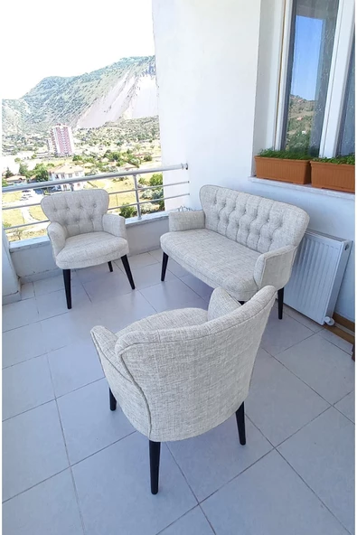 LA-VİTA HOME Çay Seti Koltuk Takımı - Keten Kumaş - Ahşap Ayak - Gürgen Iskelet - Krem