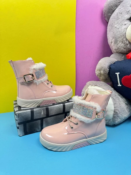Günlük Kız Çocuk Rugan Bot Fermuarlı Lastik Bağcıklı Kürk ve Taş Detaylı Kaymaz Taban Bootie 391 - 3