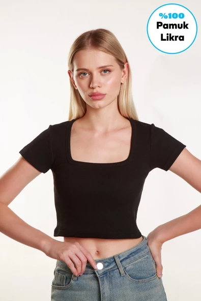 Kadın Crop Kare Yaka Fitilli Likralı Kollu Atlet Bluz Tshirt