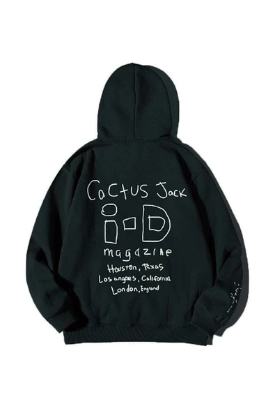 Erkek Siyah I-d Kaktüs Jack Travis Scott Baskılı Oversize 3 Iplik Kapüşonlu Sweatshirt