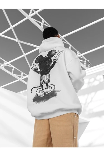 Beyazunısex Mickey Mouse Sırt Baskılı Oversize Kapüşonlu 3 Iplik Sweatshirt - 3