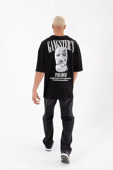 Zeceka Erkek Siyah Gangster’s Paradise Baskılı Oversize Pamuklu Bisiklet Yaka T-shirt - 3