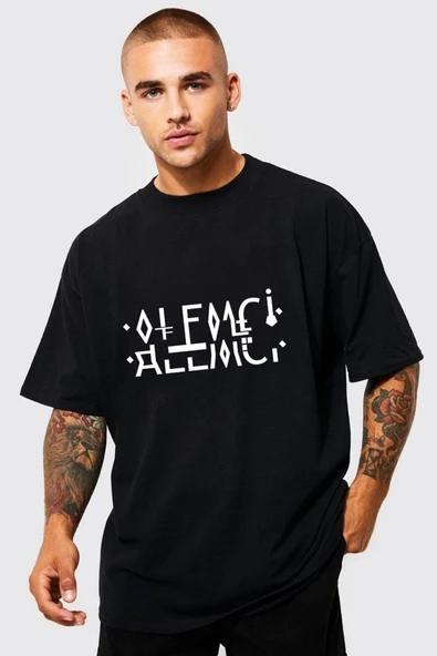 Unisex Siyah Alemci Baskılı Katlamalı Bisiklet Yaka T-shirt