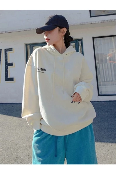 Beyaz Oversize Unisex Destiny Baskılı Bisiklet Yaka 3 Iplik Pamuk Kapüşonlu Sweatshirt - 2