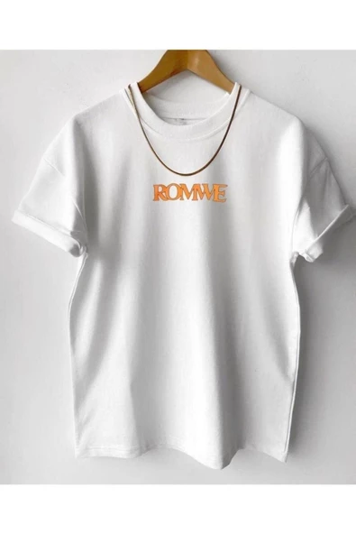 Unisex Beyaz Romwe Baskılı Oversize T-shirt