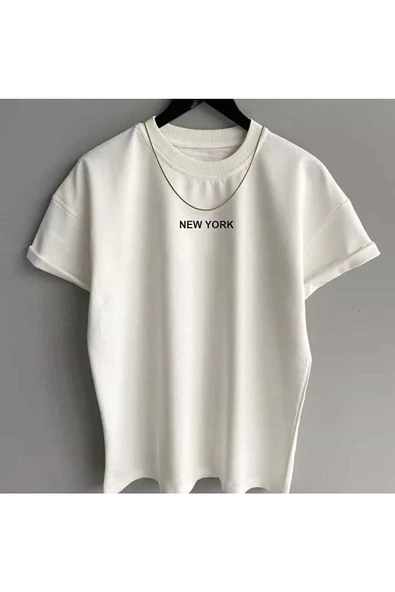 Unisex Beyaz New York Baskılı Bisiklet Yaka Oversize T-shirt