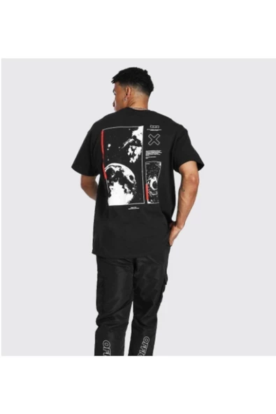 Erkek Siyah Uzay Sırt Baskılı Bisiklet Yaka Oversize T-shirt