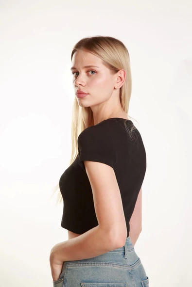 Kadın Crop Kare Yaka Fitilli Likralı Kollu Atlet Bluz Tshirt - 2