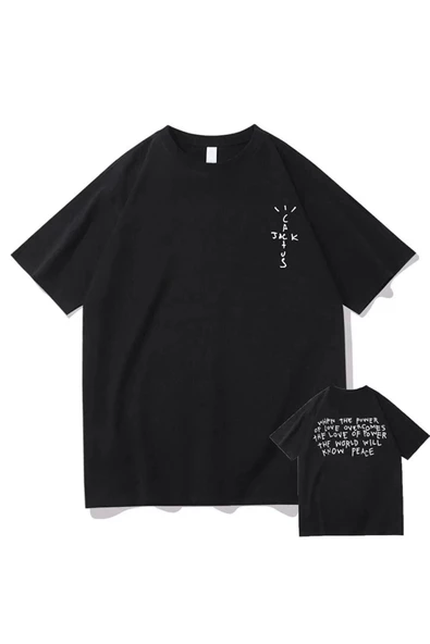 Erkek Siyah Cactus Jack Baskılı Oversize Bisiklet Yaka Tshirt