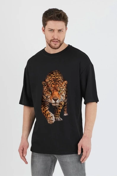 Erkek Siyah Kaplan Baskılı Tişört