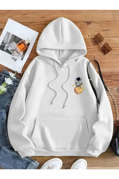 Beyaz Unisex Kadın/Erkek Galaxy Gezegen Baskılı Oversize Kapüşonlu Sweatshirt - Resim 2