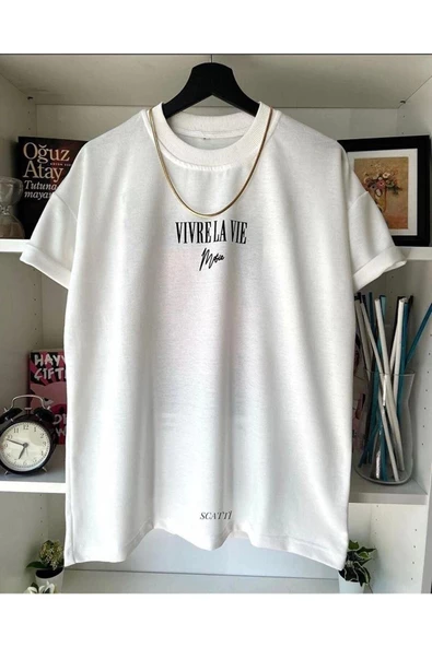 Unisex Beyaz Vivre La Vie Baskılı Oversize Bisiklet Yaka Penye  T-Shirt - 2