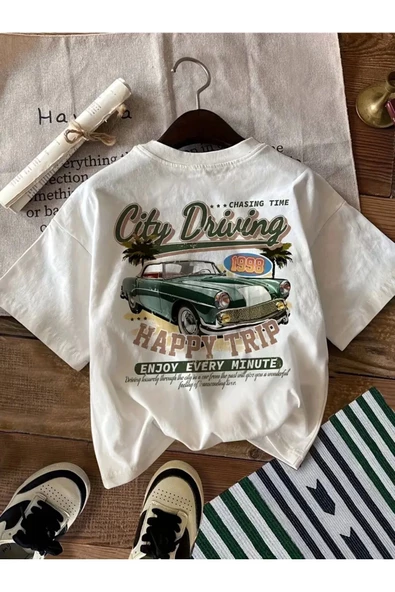 Unisex Oversize Retro Araba Baskılı T-Shirt