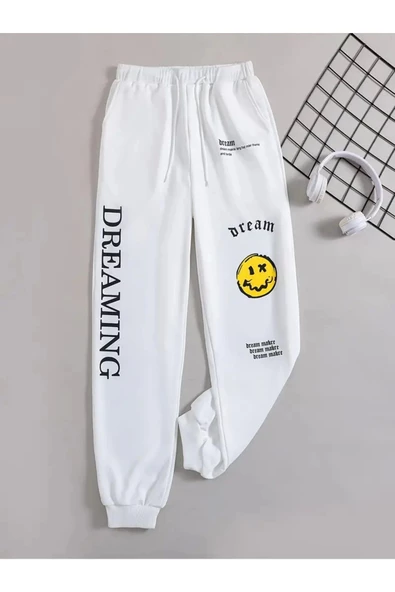 Beyaz Dreaming baskılı oversize eşofman altı