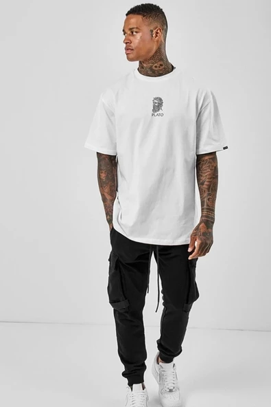 Oversize Plato Baskılı Beyaz Tshirt - 3
