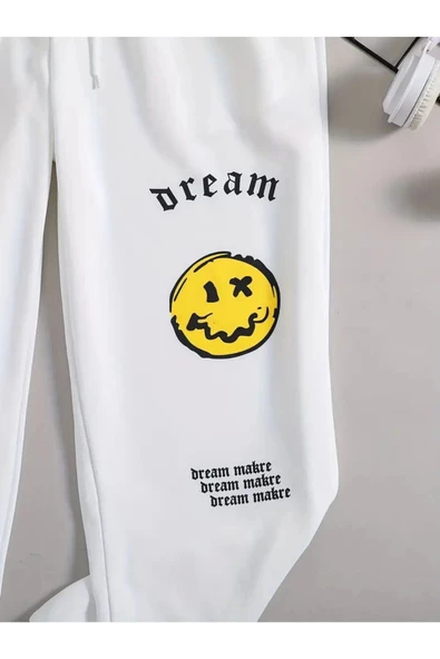 Beyaz Dreaming baskılı oversize eşofman altı - 4