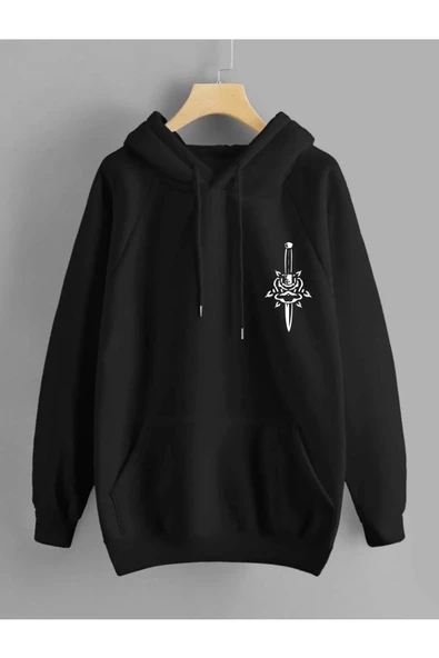 Siyah Skull Kurukafa Sırt Baskılı Oversize Kapüşonlu Sweatshirt - Resim 2