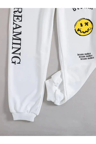 Beyaz Dreaming baskılı oversize eşofman altı - 5