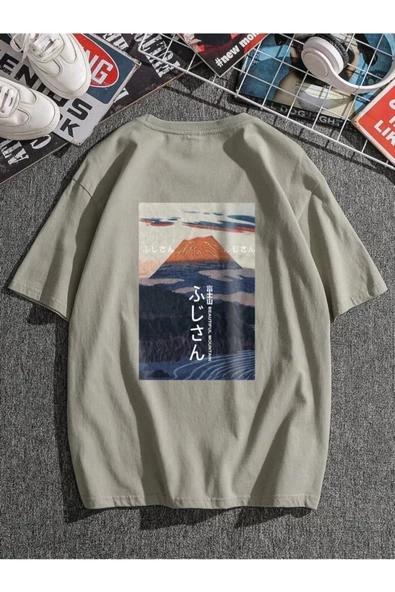 Unisex Gri Japanese Sırt Baskılı Bisiklet Yaka Oversize T-shirt