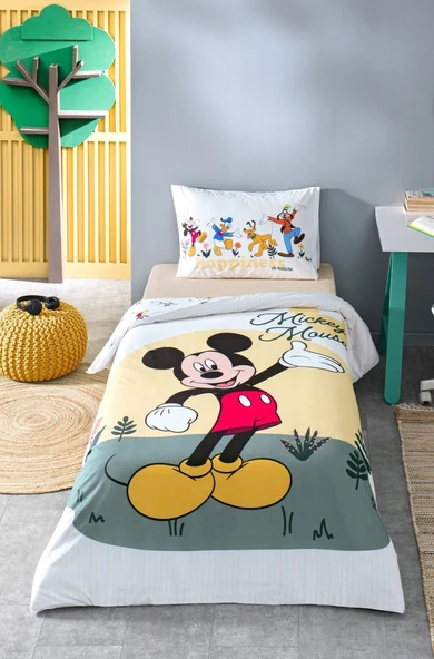 Özdilek Mickey Mouse Nomadic Sarı Tek Kişilik Disney Lisanslı Lastikli Nevresim Takımı