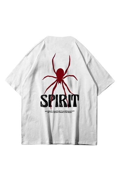 Unisex Spirit Basklı Beyaz Oversize Bisiklet Yaka Tshirt