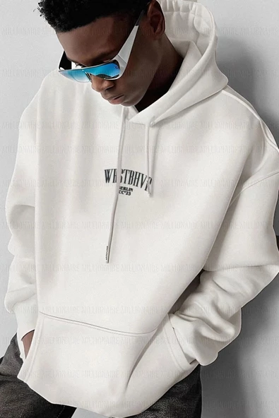 Sırt baskılı beyaz 3 iplik Kapüşonlu Sweatshirt - Resim 3