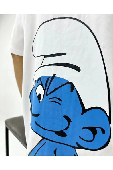 Unisex Beyaz The Smurfs Şirinler Baskılı Oversize Bisiklet Yaka T-shirt - 4