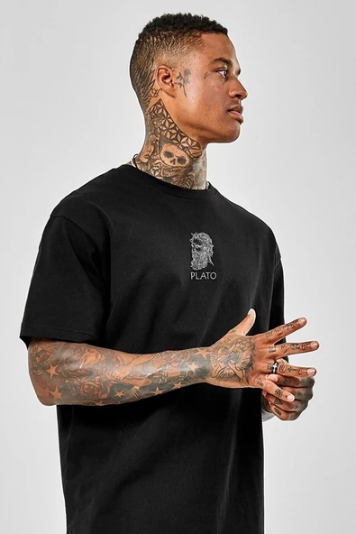 Unisex Siyah Plato Paskılı Beyaz Oversize T-shirt