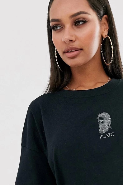 Unisex Siyah Plato Paskılı Beyaz Oversize T-shirt - 3