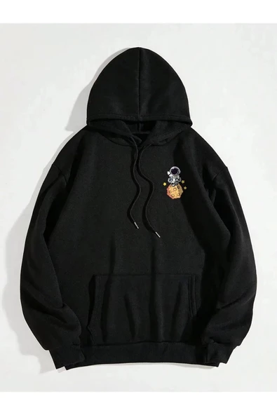 Siyah Unisex Kadın/Erkek Galaxy Gezegen Baskılı Oversize Kapüşonlu Sweatshirt - 2