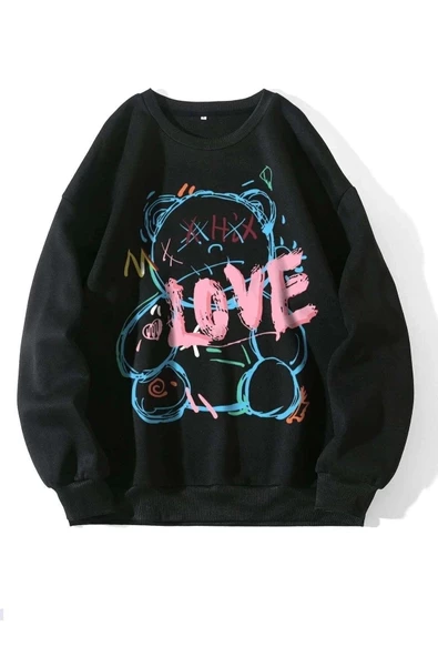 Unisex Siyah Love Bisiklet Yaka Baskılı Oversize Sweatshirt