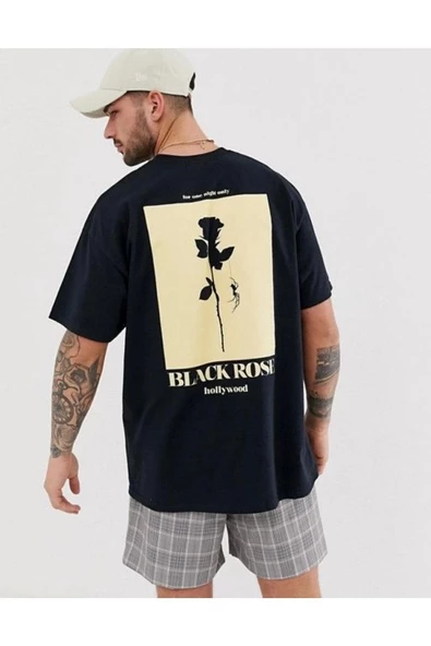 Erkek Siyah Black Rose Baskılı Oversiz Tshirt
