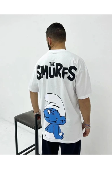 Unisex Beyaz The Smurfs Şirinler Baskılı Oversize Bisiklet Yaka T-shirt
