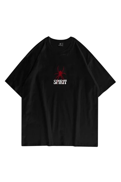 Unisex Spirit Basklı Siyah Oversize Bisiklet Yaka Tshirt - 2