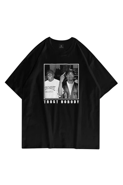Unisex Trust Nobody Baskılı Siyah Oversize T-shirt
