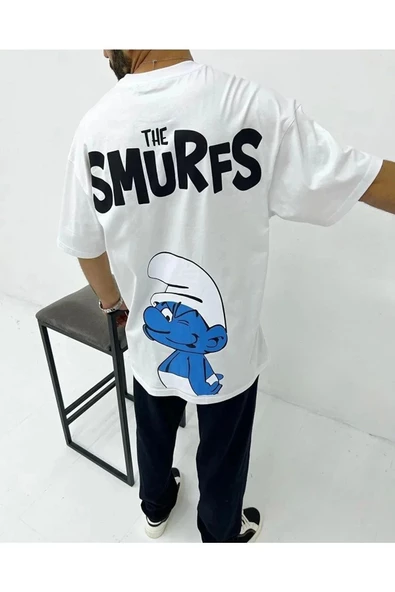 Unisex Beyaz The Smurfs Şirinler Baskılı Oversize Bisiklet Yaka T-shirt - 2
