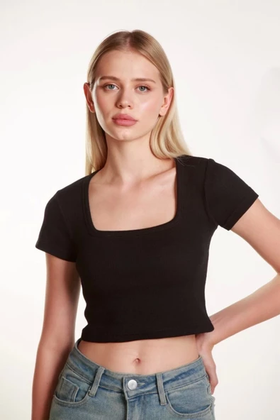 Kadın Crop Kare Yaka Fitilli Likralı Kollu Atlet Bluz Tshirt - 4