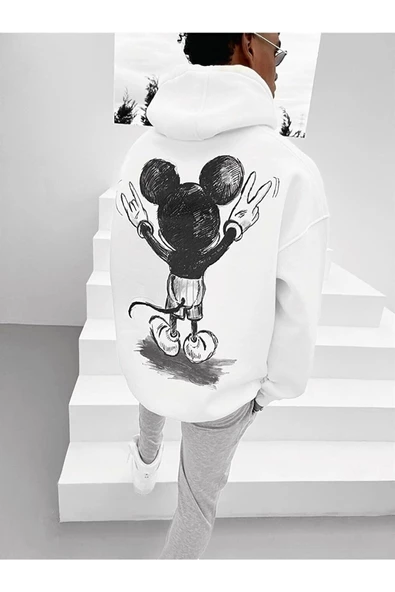 Beyazunısex Mickey Mouse Sırt Baskılı Oversize Kapüşonlu 3 Iplik Sweatshirt