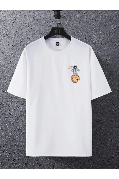 Unisex Beyaz Arkası Gezegen Baskılı Oversize Bisiklet Yaka Tshirt - 4