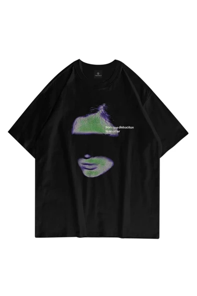 Unisex Distraction Siyah Oversize Tshirt