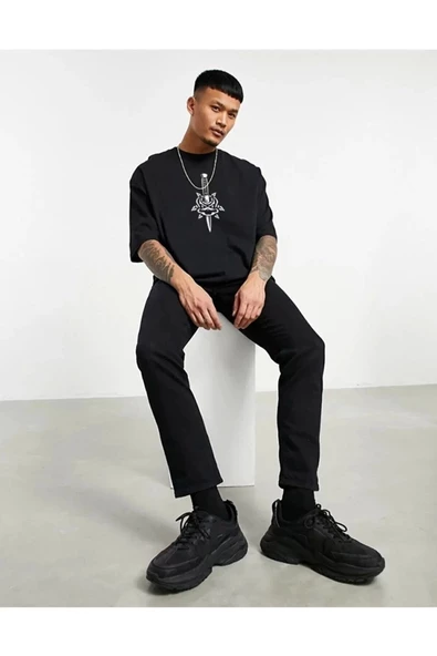 Unisex Siyah Skullcracked Oversize Tshirt - 2