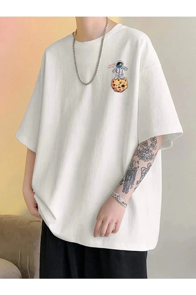 Unisex Beyaz Arkası Gezegen Baskılı Oversize Bisiklet Yaka Tshirt - 2