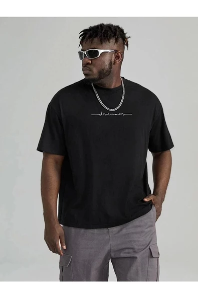 Erkek Siyah Dreamer Baskılı Oversize Bisiklet Yaka T-shirt