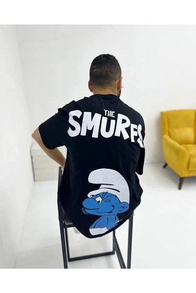 Siyah Unisex The Smurfs Şirinler Baskılı Oversize Bisiklet Yaka T-shirt