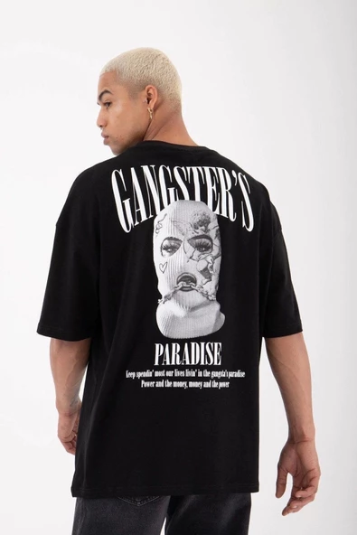 Zeceka Erkek Siyah Gangster’s Paradise Baskılı Oversize Pamuklu Bisiklet Yaka T-shirt