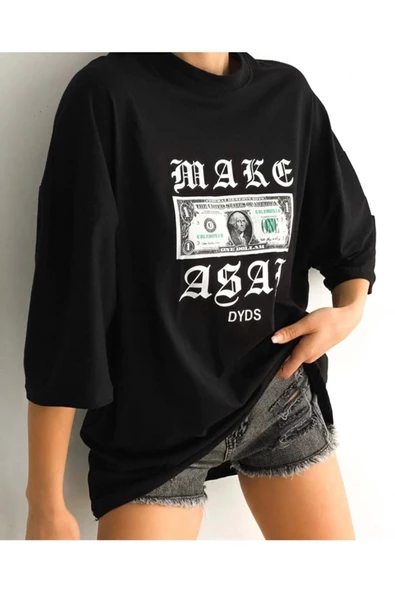 Unisex Dolar Baskılı Oversize Siyah T-shirt - 2