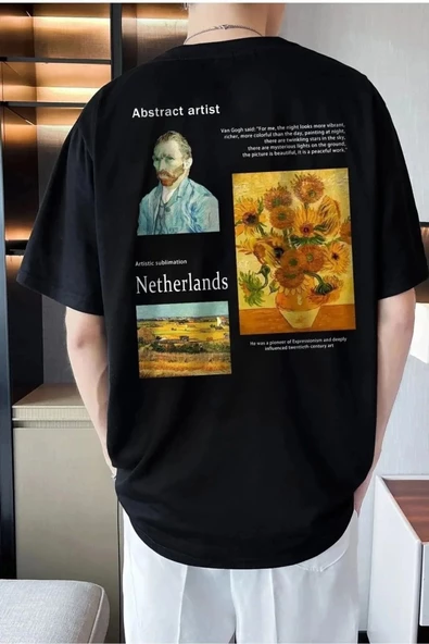 Unisex Van Gogh Netherlands Baskılı Siyah Oversize Bisiklet Yaka T-shirt